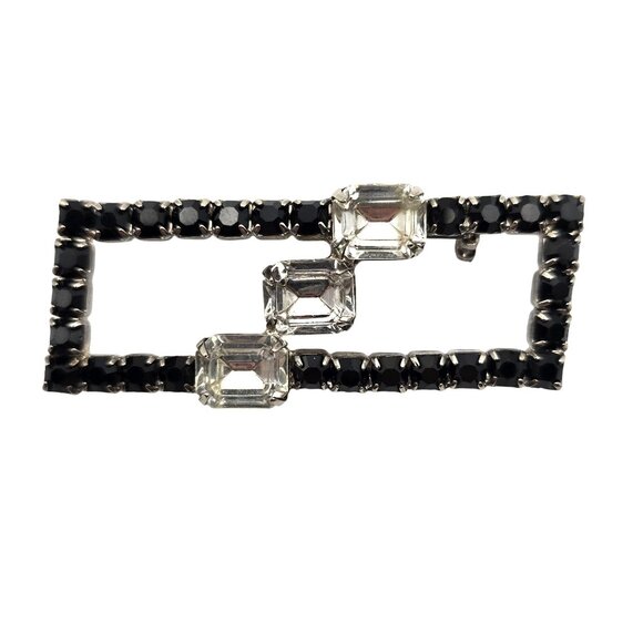 Vintage Brooch Silver-Black Toned Rhinestone Rectangular Fashion Jewelry Pin - Picture 1 of 12